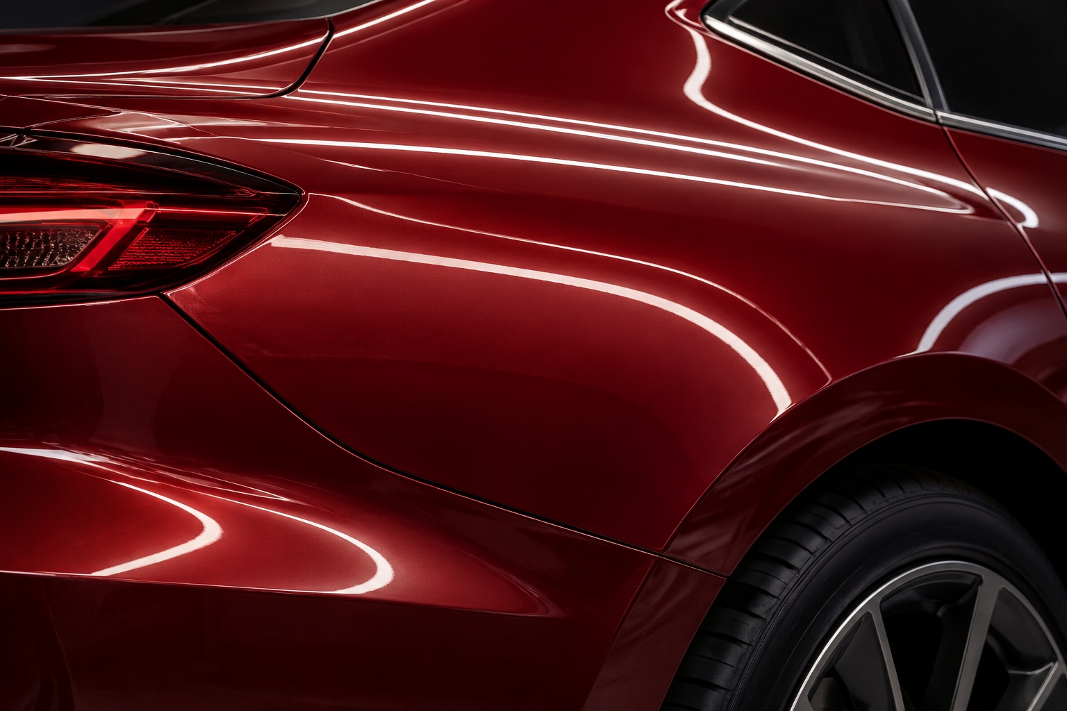 Illustrative AI study of burgundy automotive bodywork and reflected light